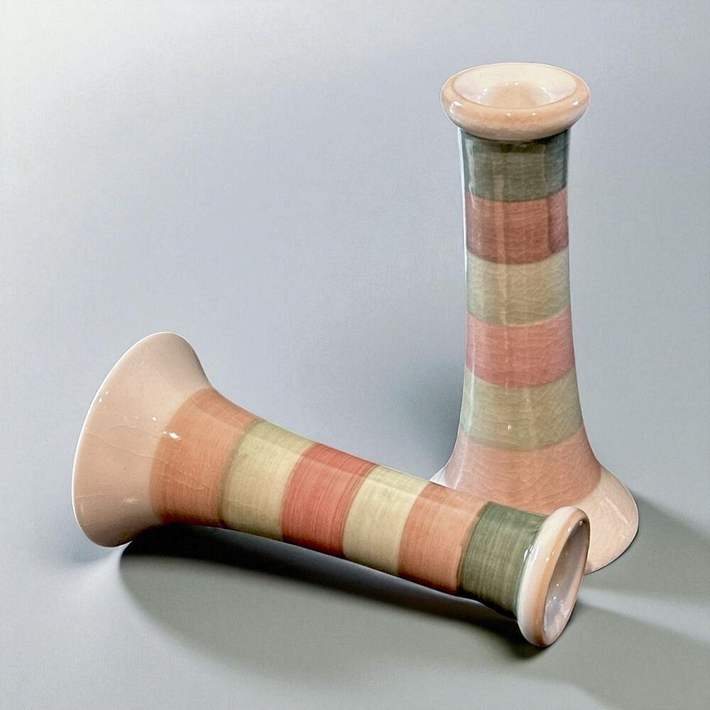 Pair of Vintage Horizontal Lines Striped Terracotta Taper/Pillar Candle Holders